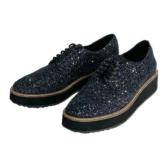 Shellys London Platform Glitter Oxfords, Black, 8 - Picture 1 of 4